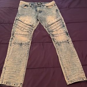 SMOKE RISE ~ Denim Blue Jeans Moto Biker Acid Wash Pleated ~  Size 38/34